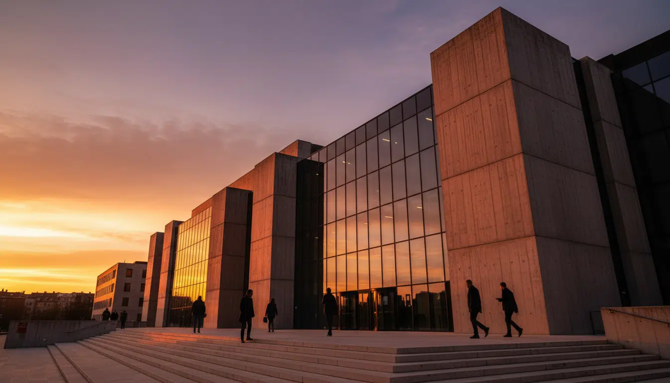 Façade du tribunal de Nanterre au coucher du soleil