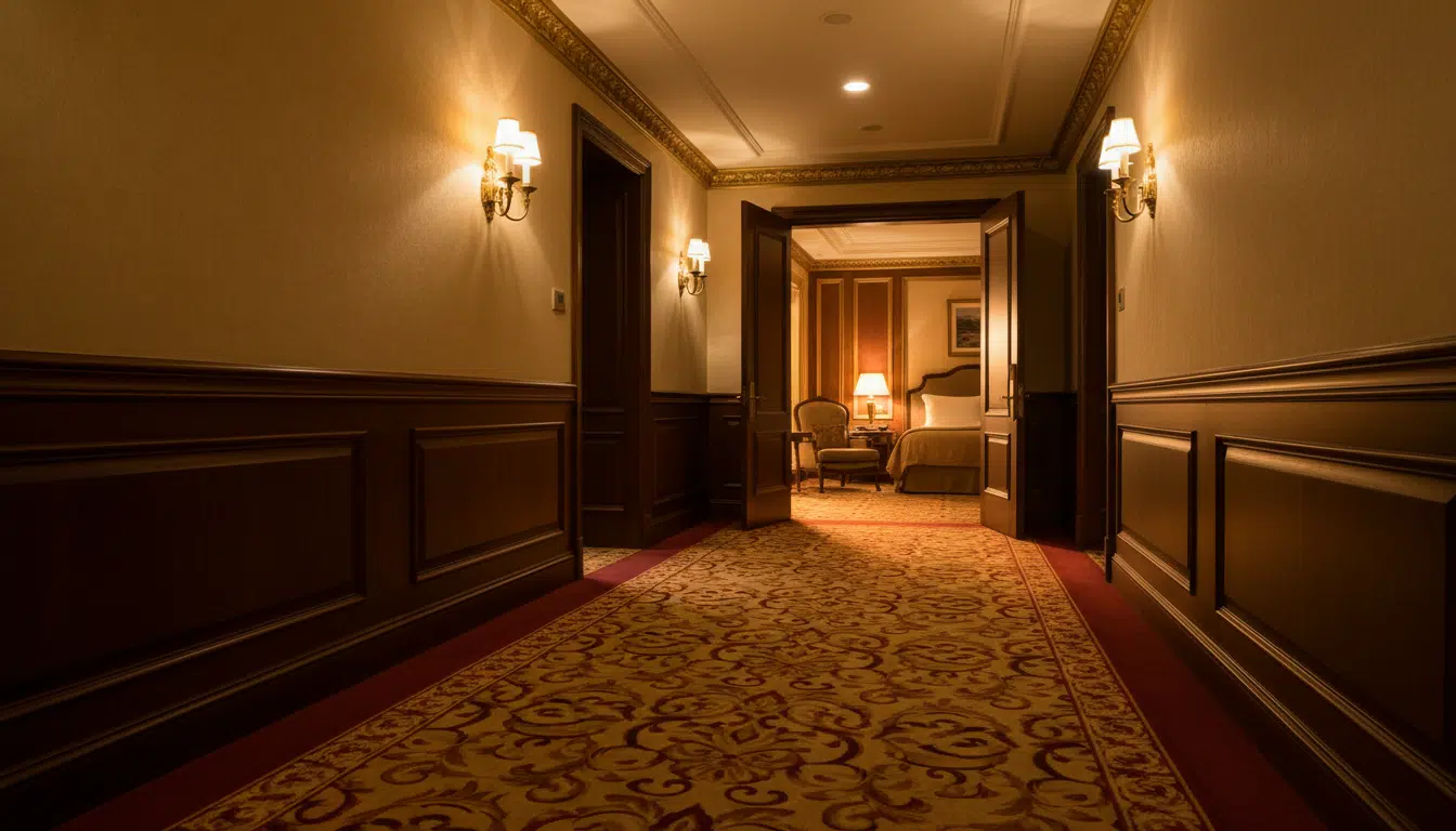 Couloir d'hôtel de luxe vide avec une porte entrouverte laissant filtrer une lumière tamisée, ambiance sombre et lourde