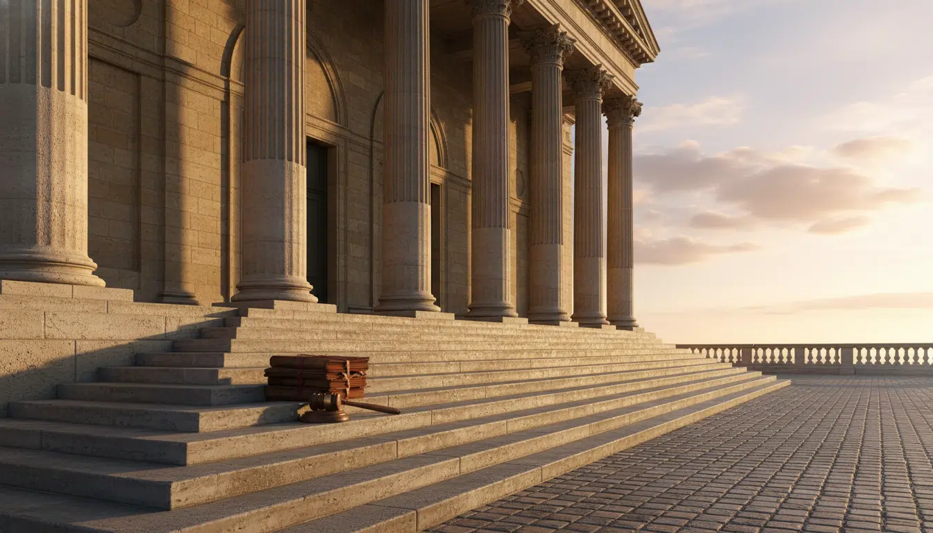 Palais de justice français avec documents juridiques évoquant la présomption d'innocence