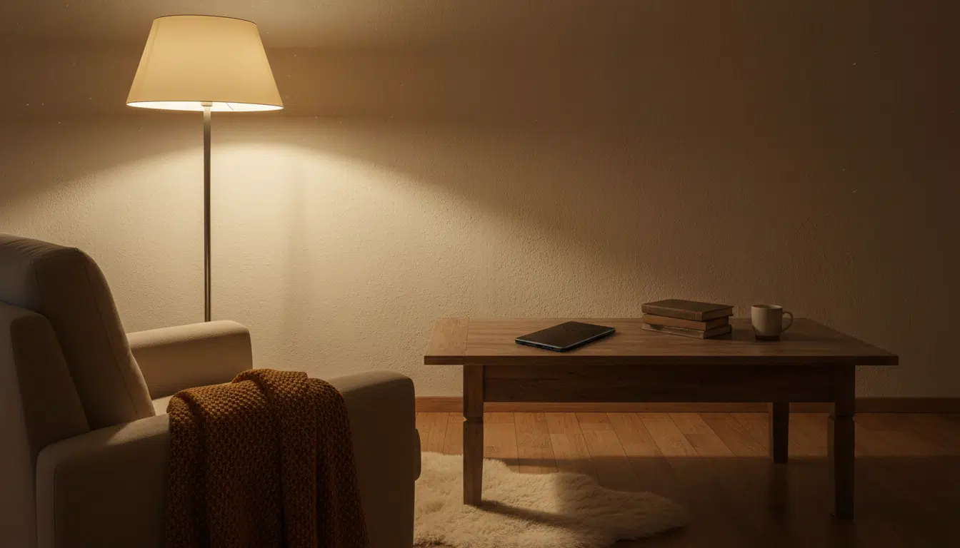 Salon intimiste avec lampe dorée et smartphone posé sur une table, ambiance mélancolique