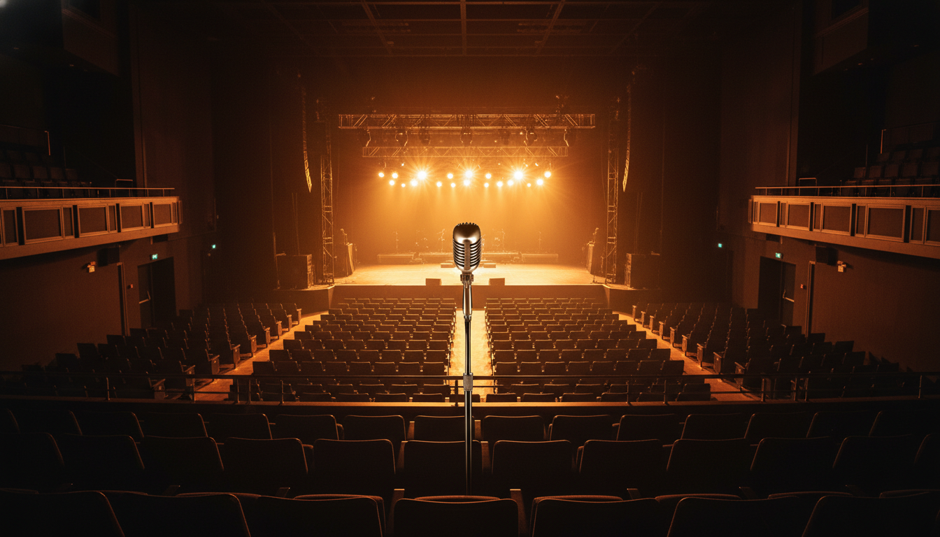 Salle de concert vide avec micro sur scène et lumières dorées, rangées de sièges inoccupés