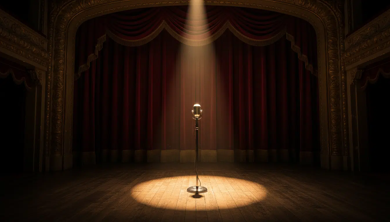 Scène de théâtre parisien vide avec un projecteur doré sur un pied de microphone, évoquant la solitude et la vulnérabilité de l'artiste