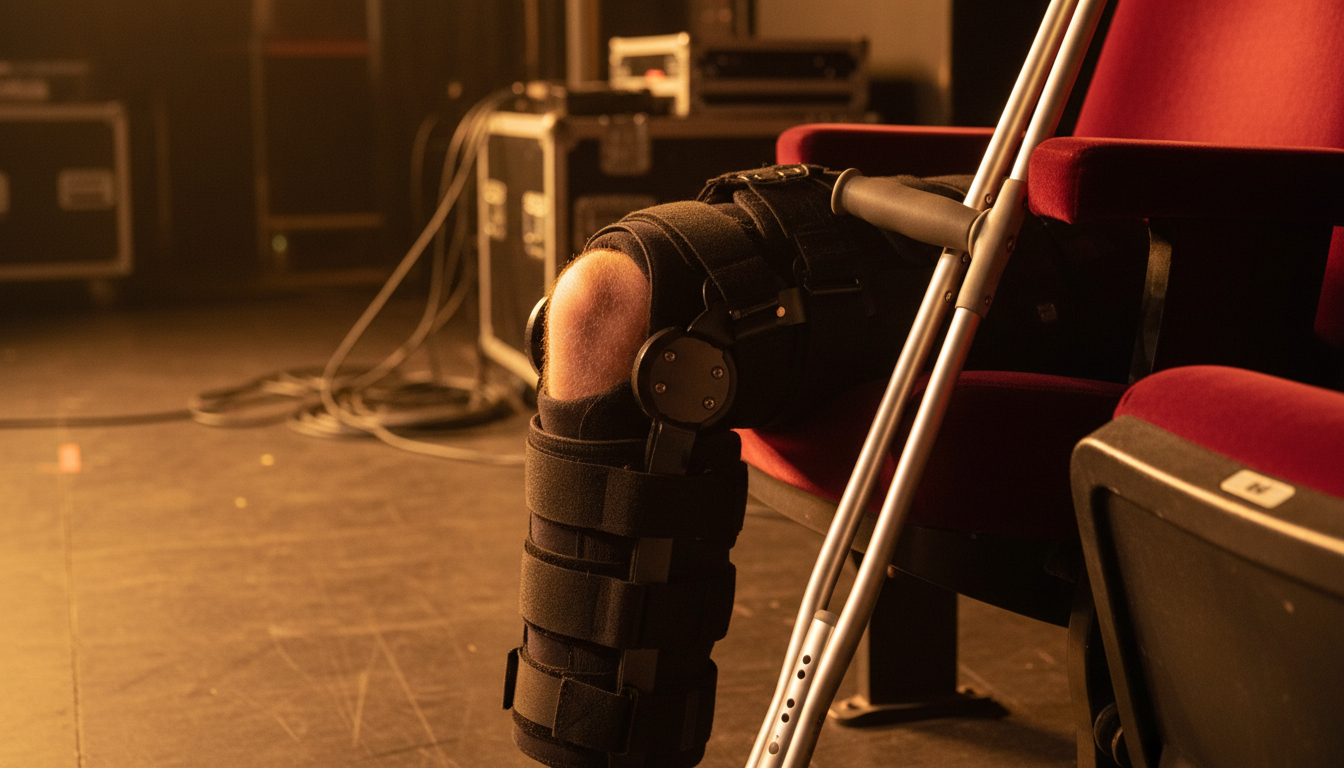 Genou blessé avec béquilles en coulisses de concert
