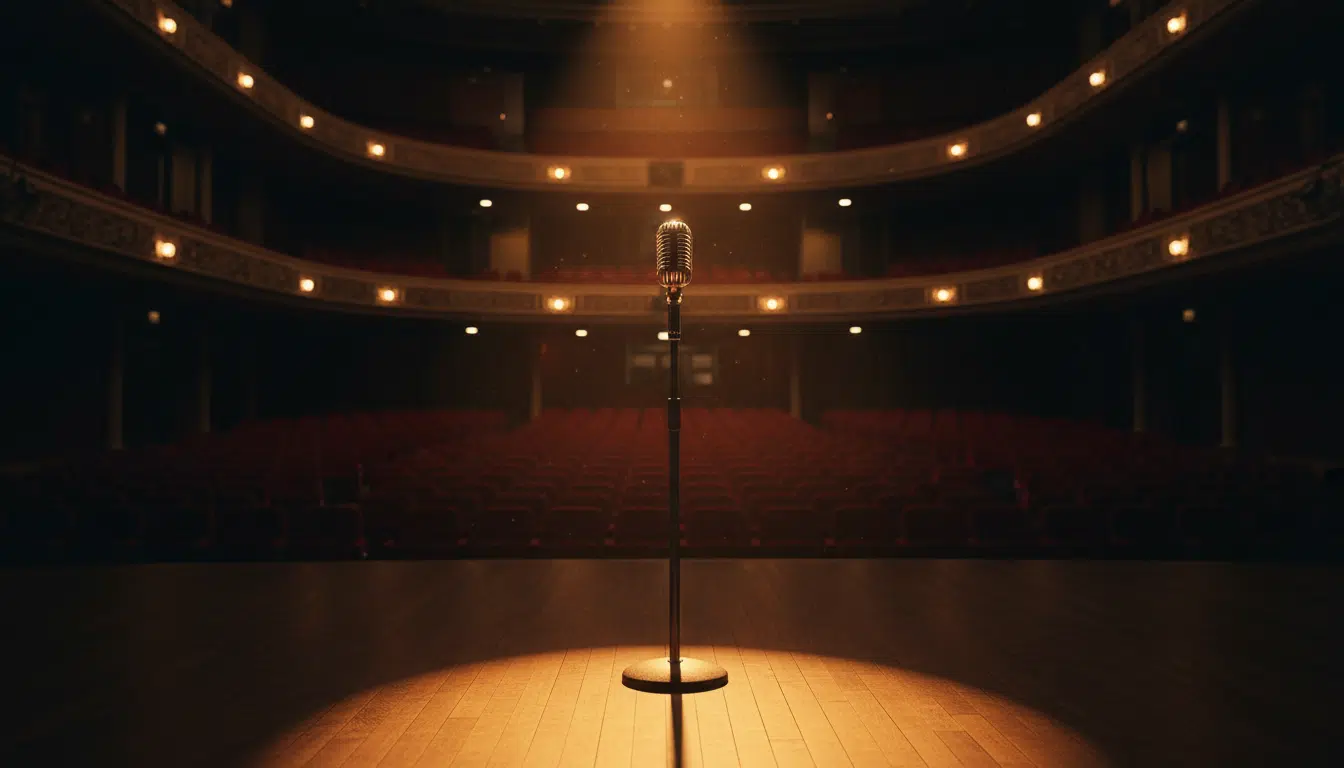 Microphone seul sous un projecteur sur scène vide