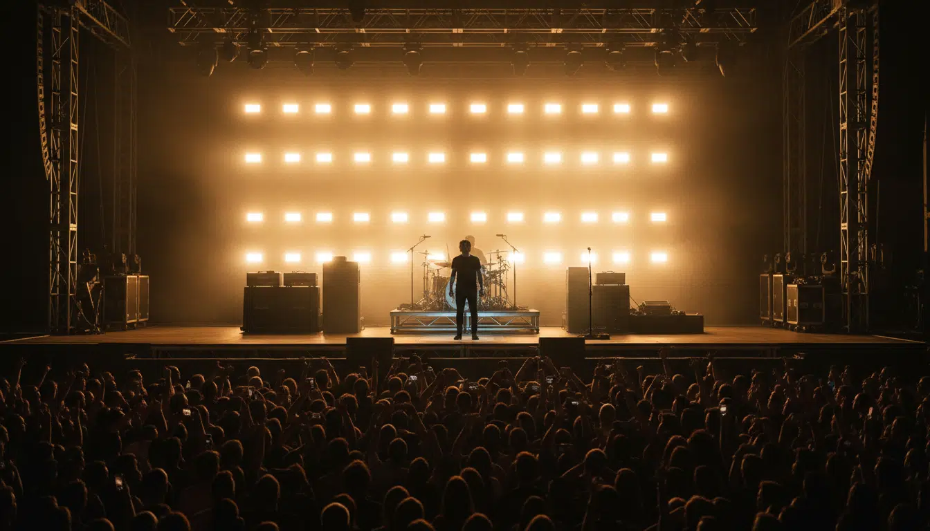Silhouette d'artiste sur scène face aux projecteurs
