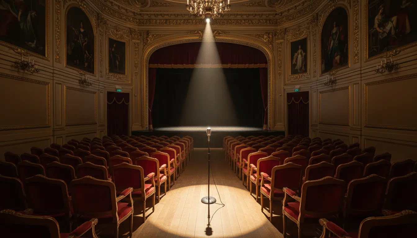 Salle de concert vide avec sièges en velours rouge et microphone sur scène éclairé d'un seul projecteur
