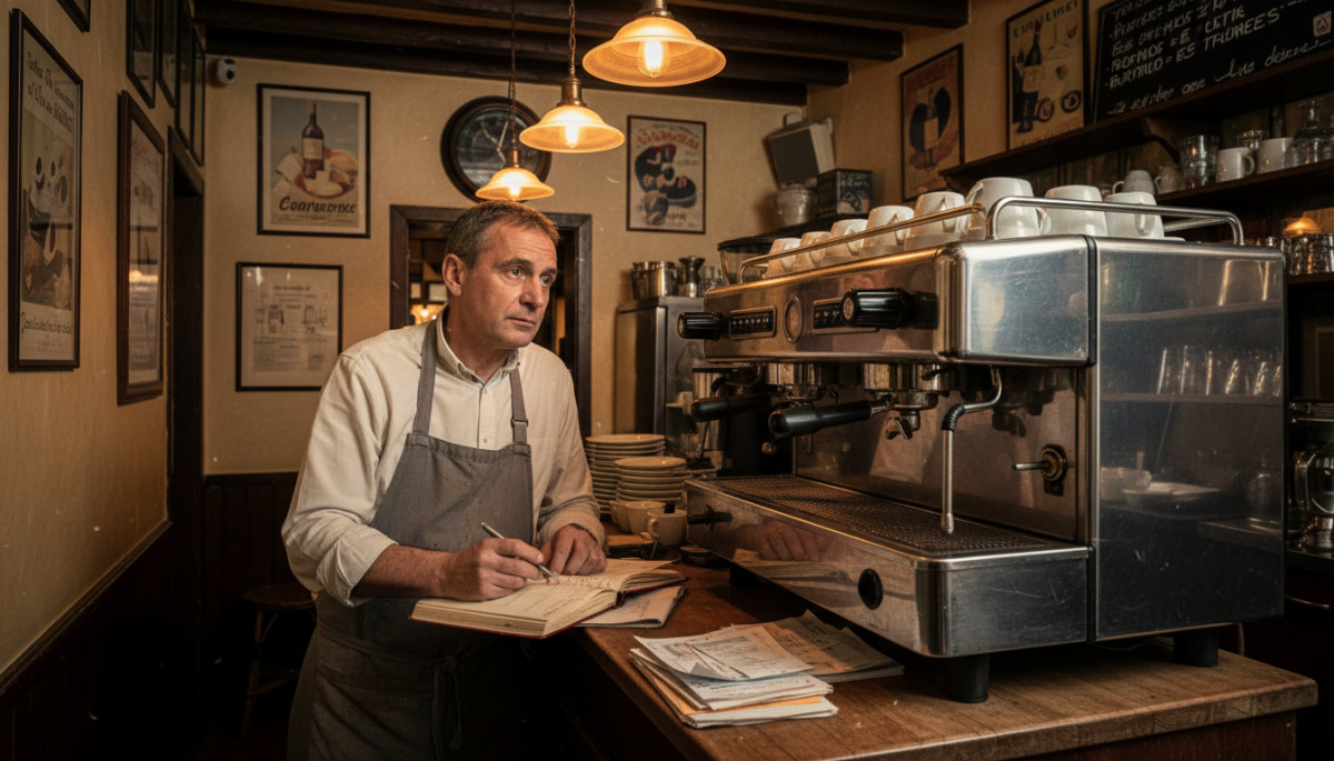 Patron de café devant une machine à expresso professionnelle coûteuse