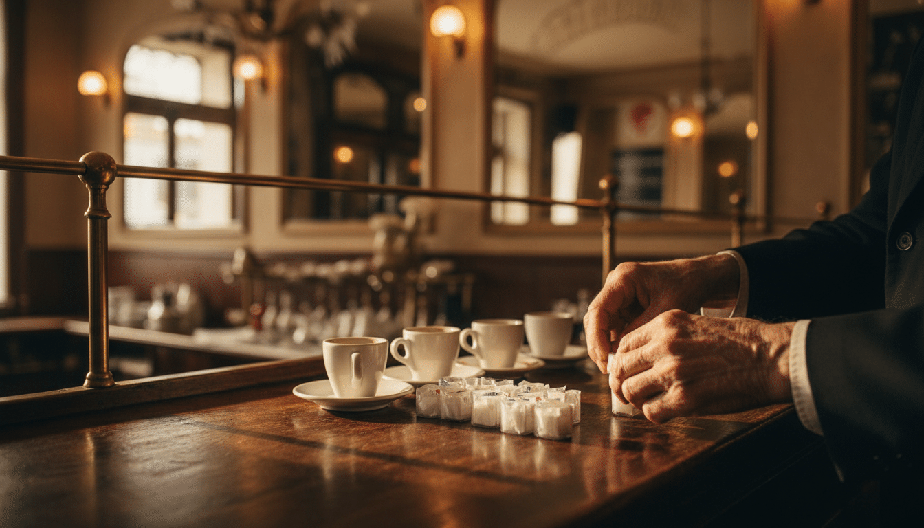 Patron de café parisien années 1920 arrange sucres individuels au comptoir