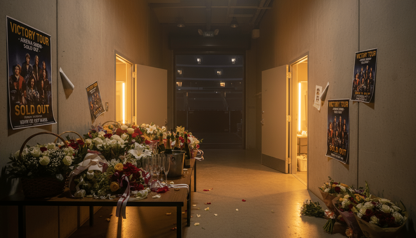 Coulisses de l'Accor Arena après un concert, lumière dorée tamisée, bouquets de fleurs et coupes de champagne sur une table