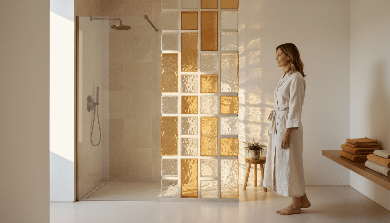 Cloison en pavés de verre dans une salle de bains moderne