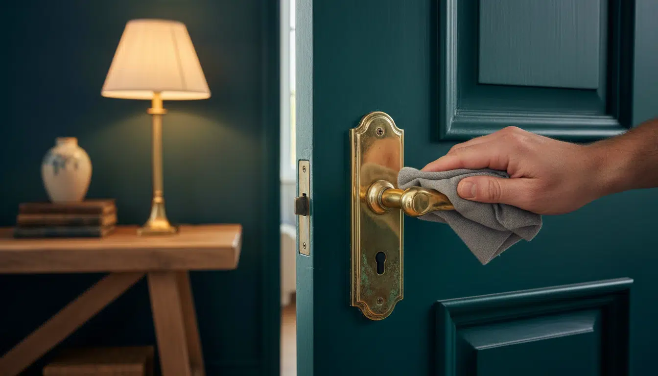 Poignée de porte en laiton brossé patiné ambiance chaleureuse