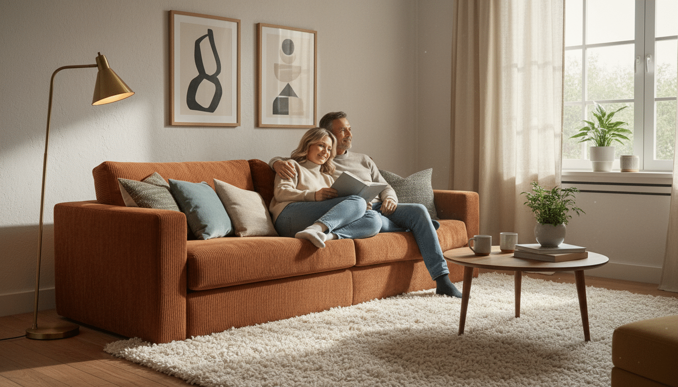 Canapé en velours côtelé dans un salon cocooning contemporain