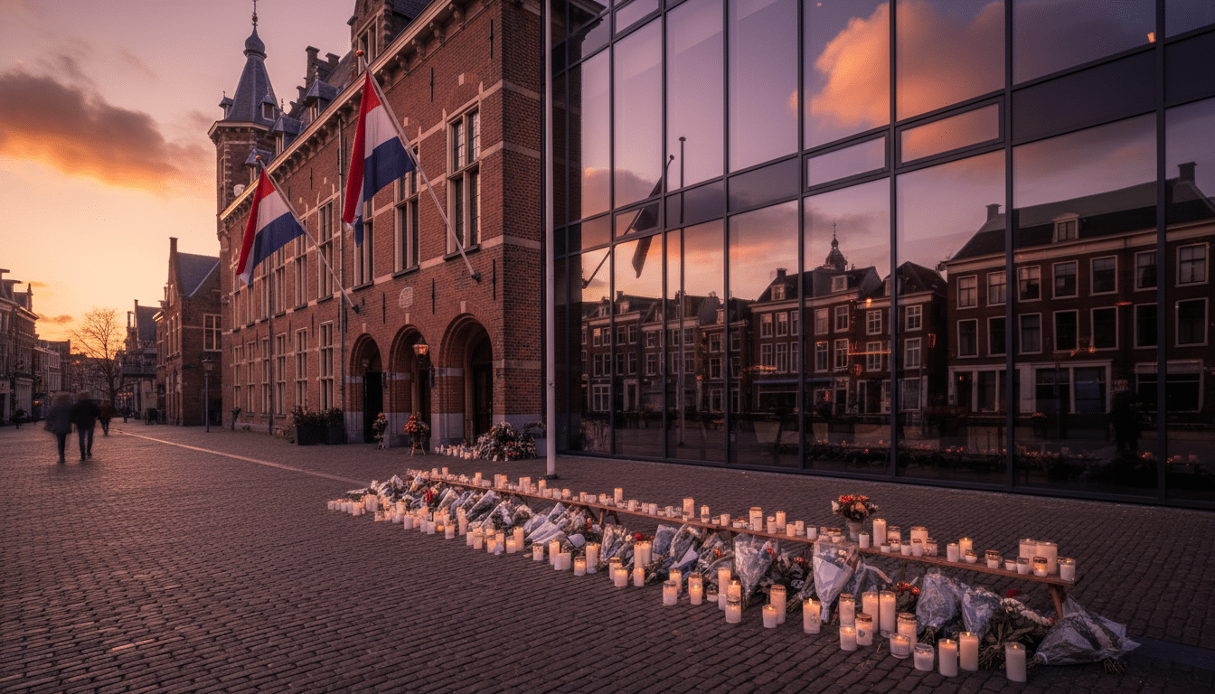 Mairie d'Utrecht avec drapeaux et hommages floraux