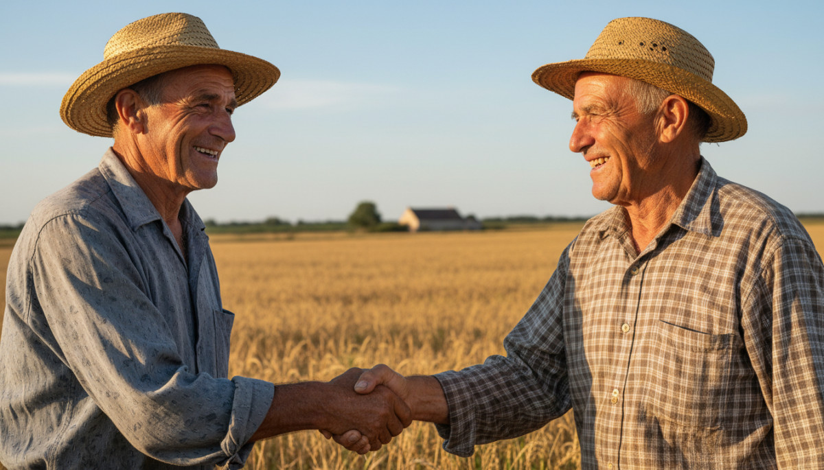 Paysans français scellant un accord en crachant dans leurs mains