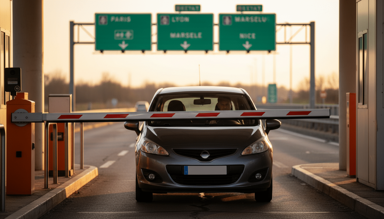 Automobiliste attendant à une barrière de péage autoroutier