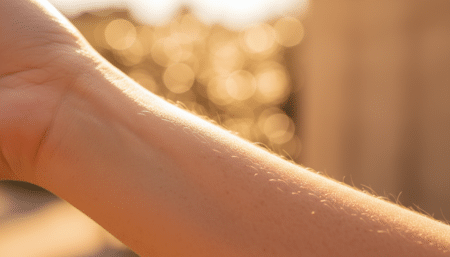 Peau de femme en gros plan sous lumière dorée