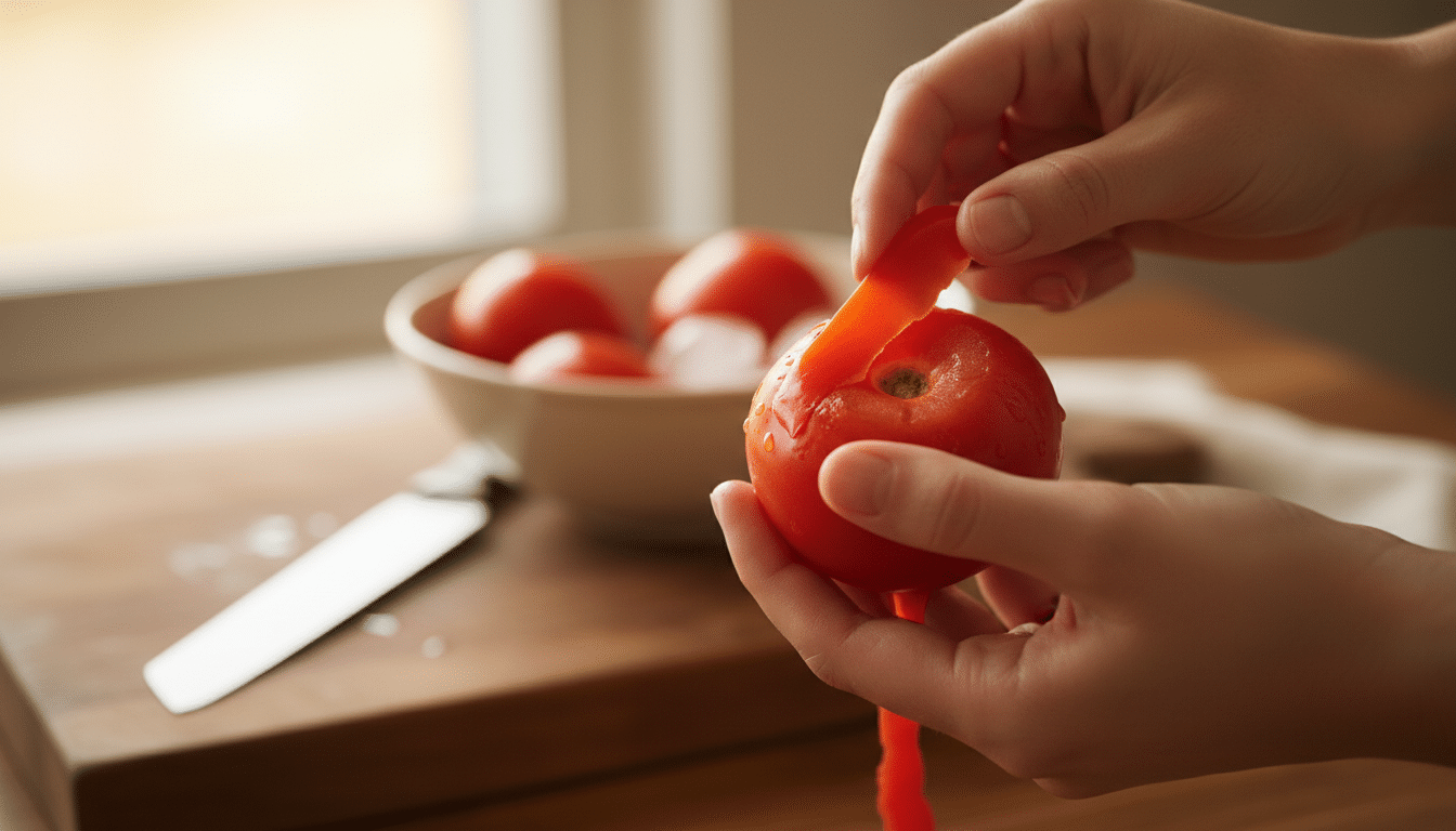 Peau d'une tomate qui se détache facilement après choc thermique