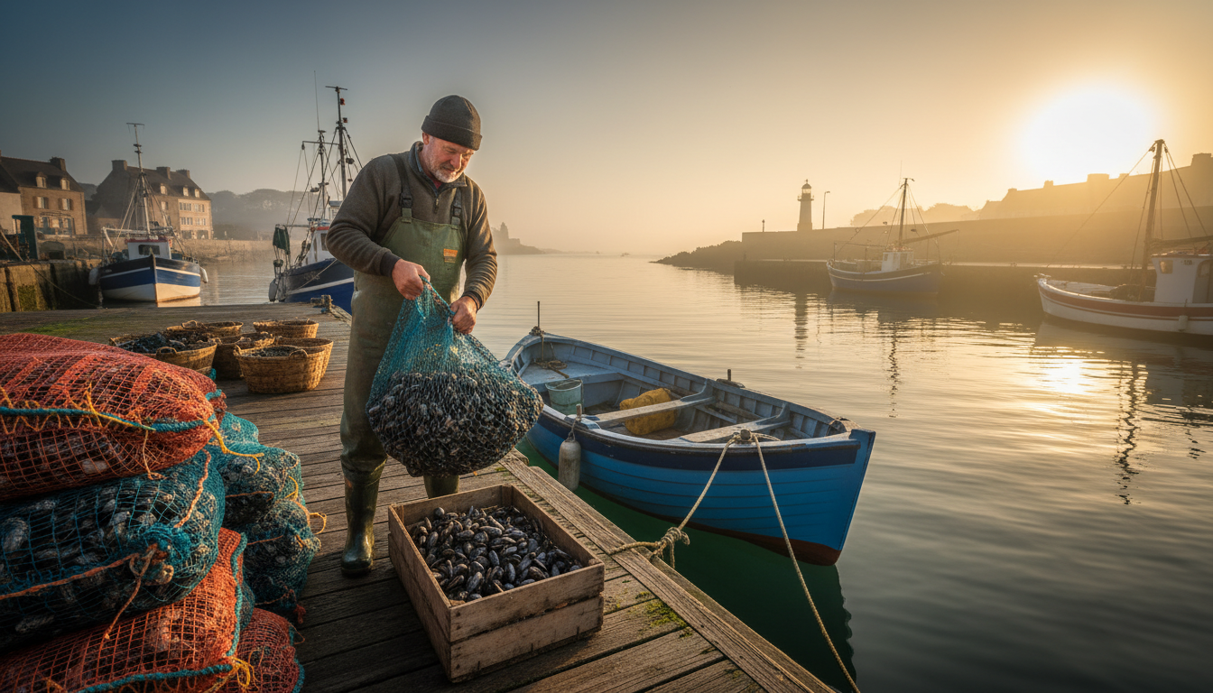 Pêcheur normand déchargeant des moules sur le quai