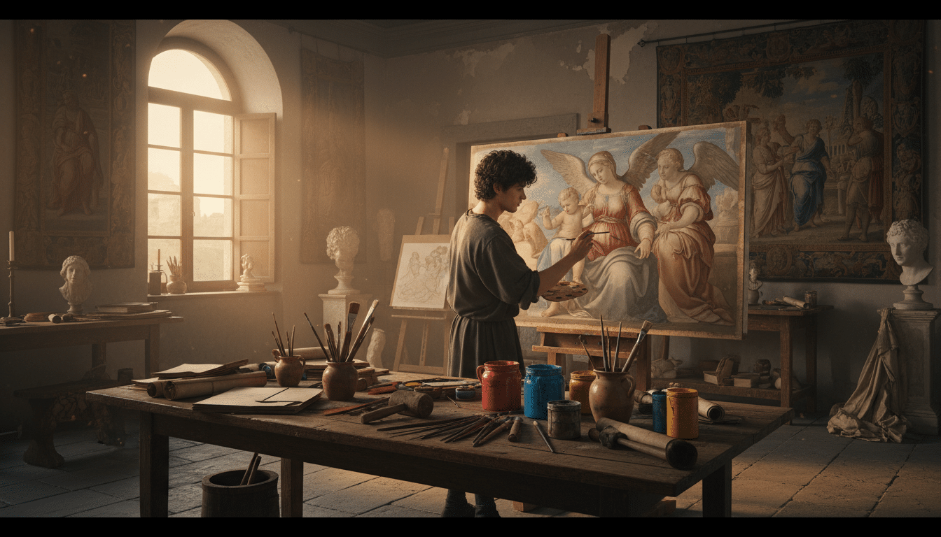 Peintre de la Renaissance au travail dans son atelier