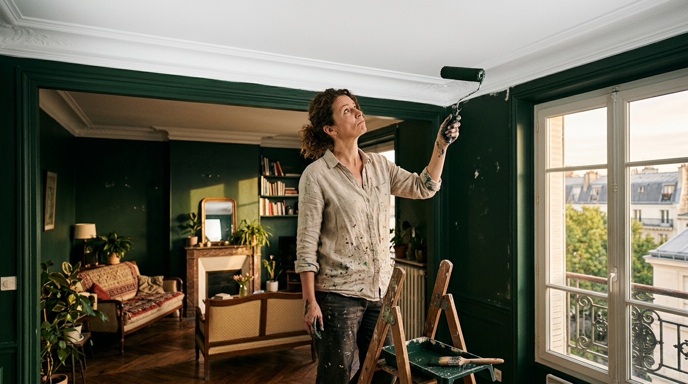 Salon avec murs verts et plafond blanc créant un contraste visible