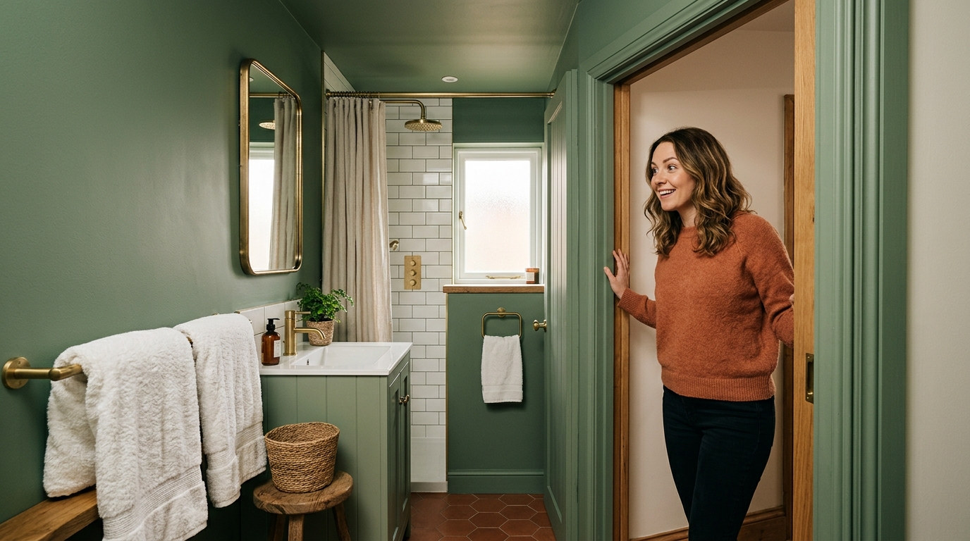 Salle de bain entièrement peinte en vert sauge avec effet cocon