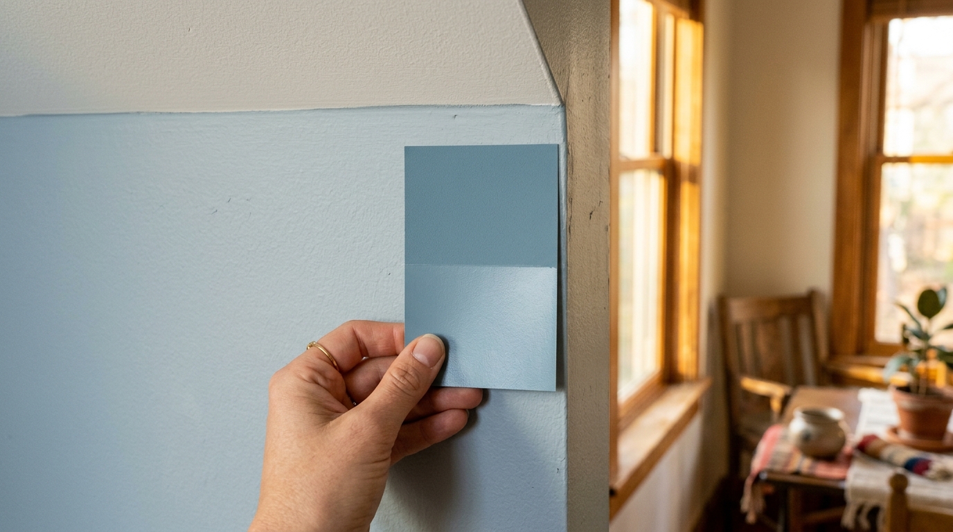 Main comparant des échantillons de peinture mat et satiné sur un mur