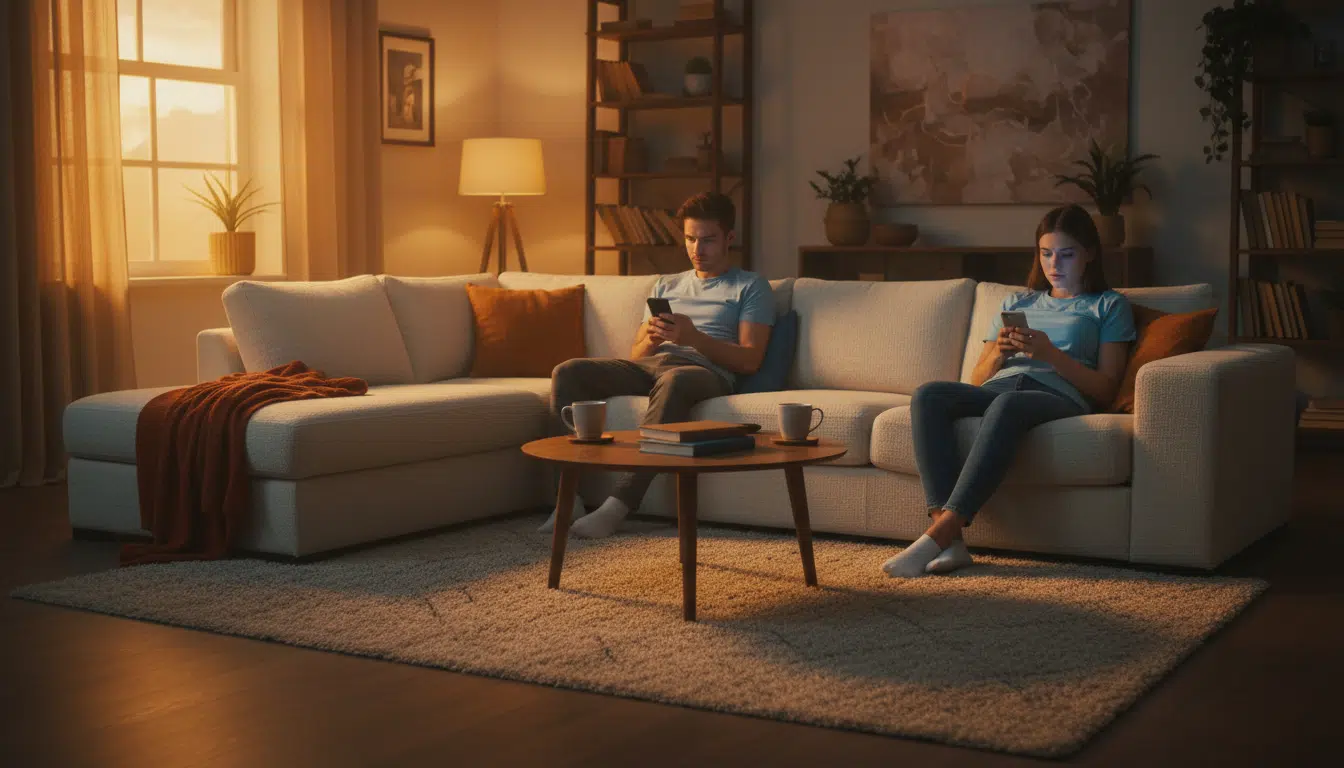 Couple distrait sur le canapé regardant leurs téléphones