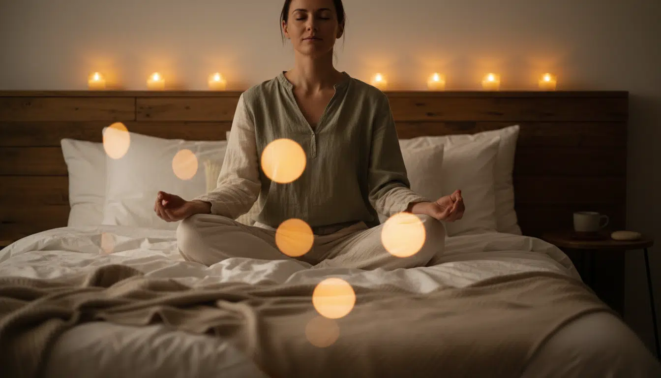 Personne pratiquant la pleine conscience sur un lit