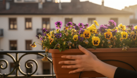 Pensées en jardinière de balcon avec fleurs fanées