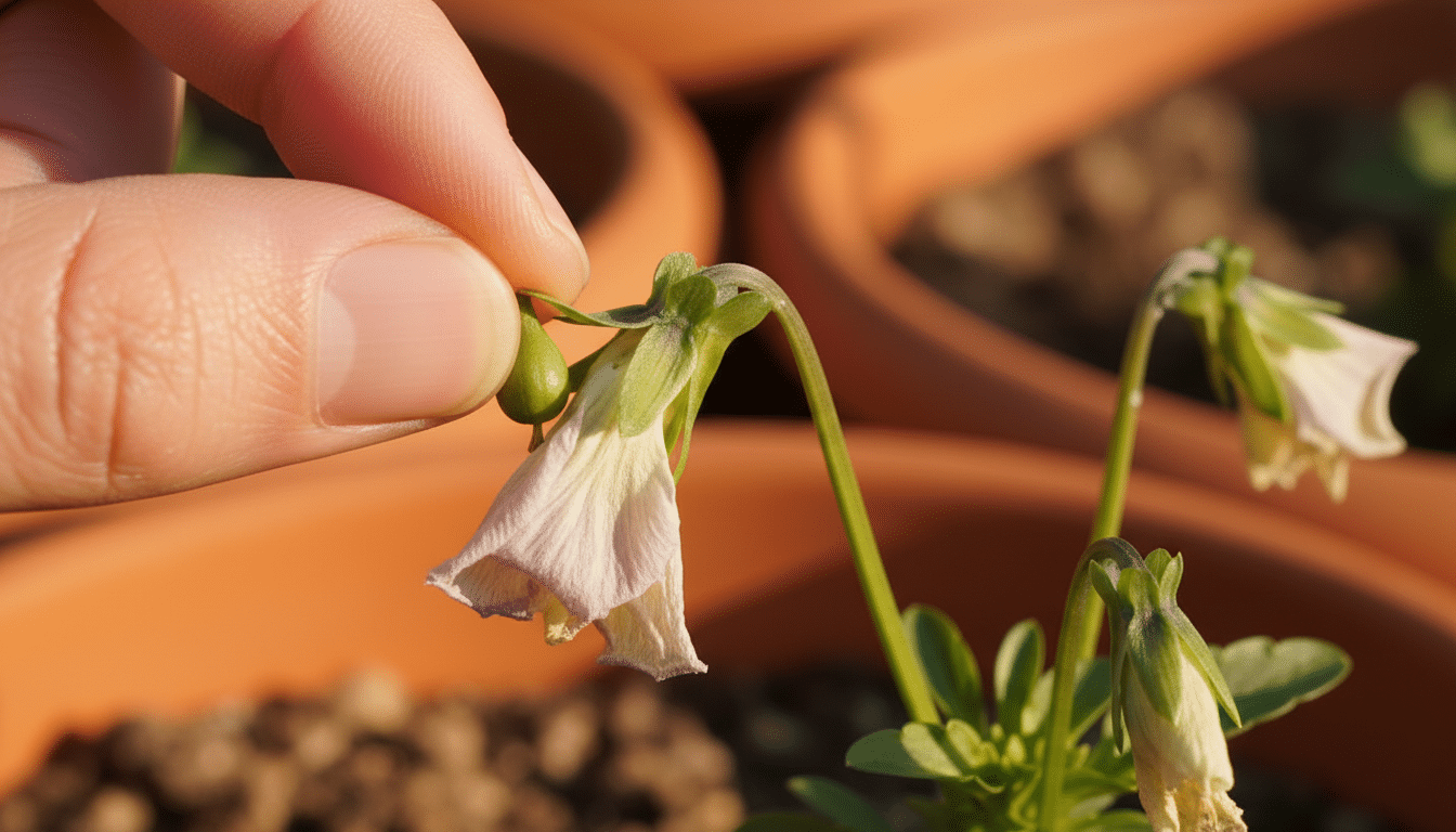 Pincement d'une capsule de graines sous une pensée fanée