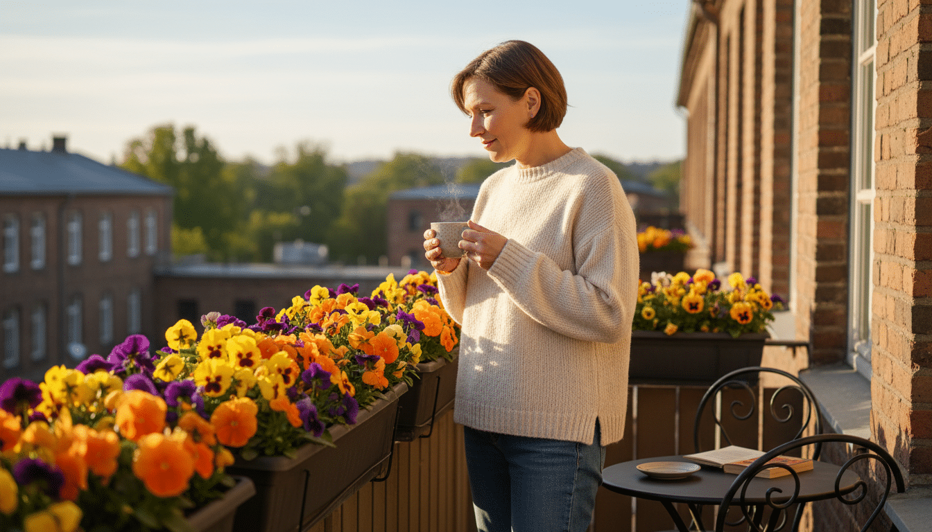 Entretien matinal des pensées fleuries sur un balcon