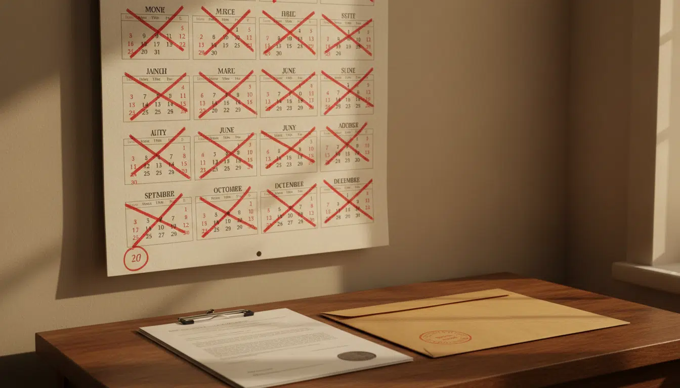 Calendrier avec délai de 12 mois entouré et documents de retraite