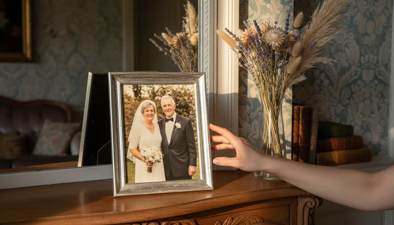 Photo de mariage encadrée sur une cheminée et main de veuve