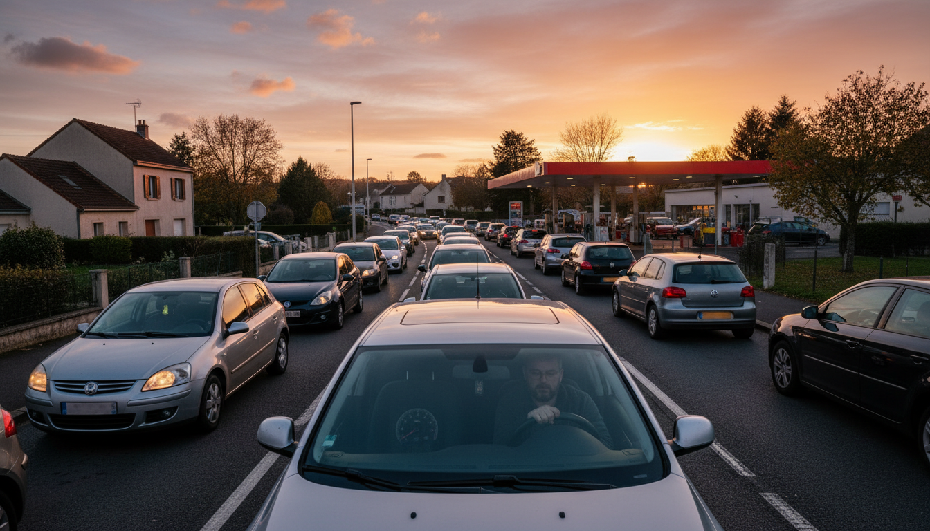 File de voitures devant une station discount