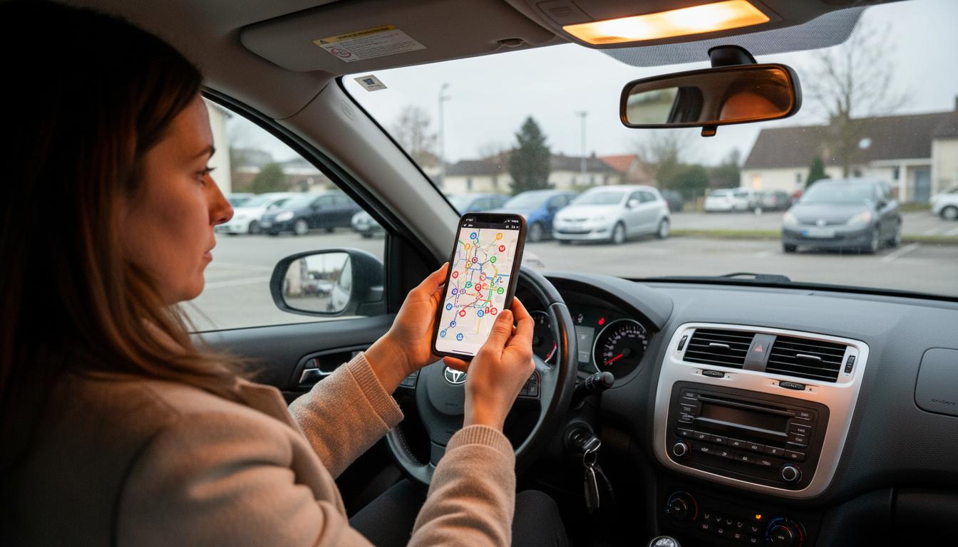 Automobiliste consultant une application carburant sur son téléphone