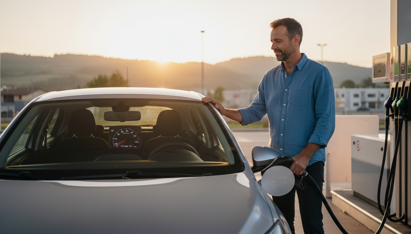 Conducteur faisant le plein à mi-réservoir en station