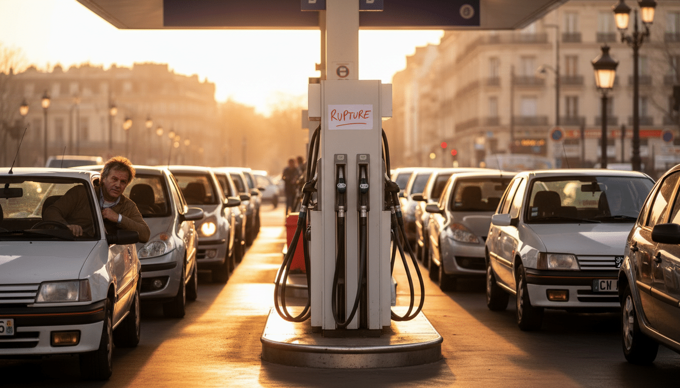 File de voitures devant une station-service française en rupture de carburant