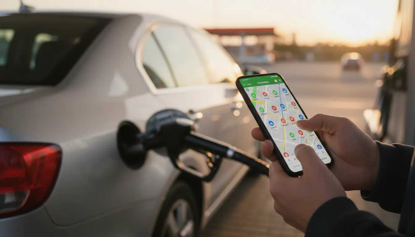Automobiliste consultant une application de comparaison de prix de carburant sur smartphone