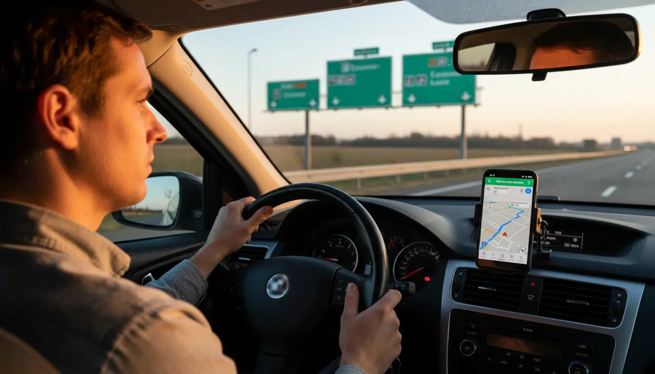 Conducteur utilisant un GPS avec jauge de carburant basse sur autoroute française