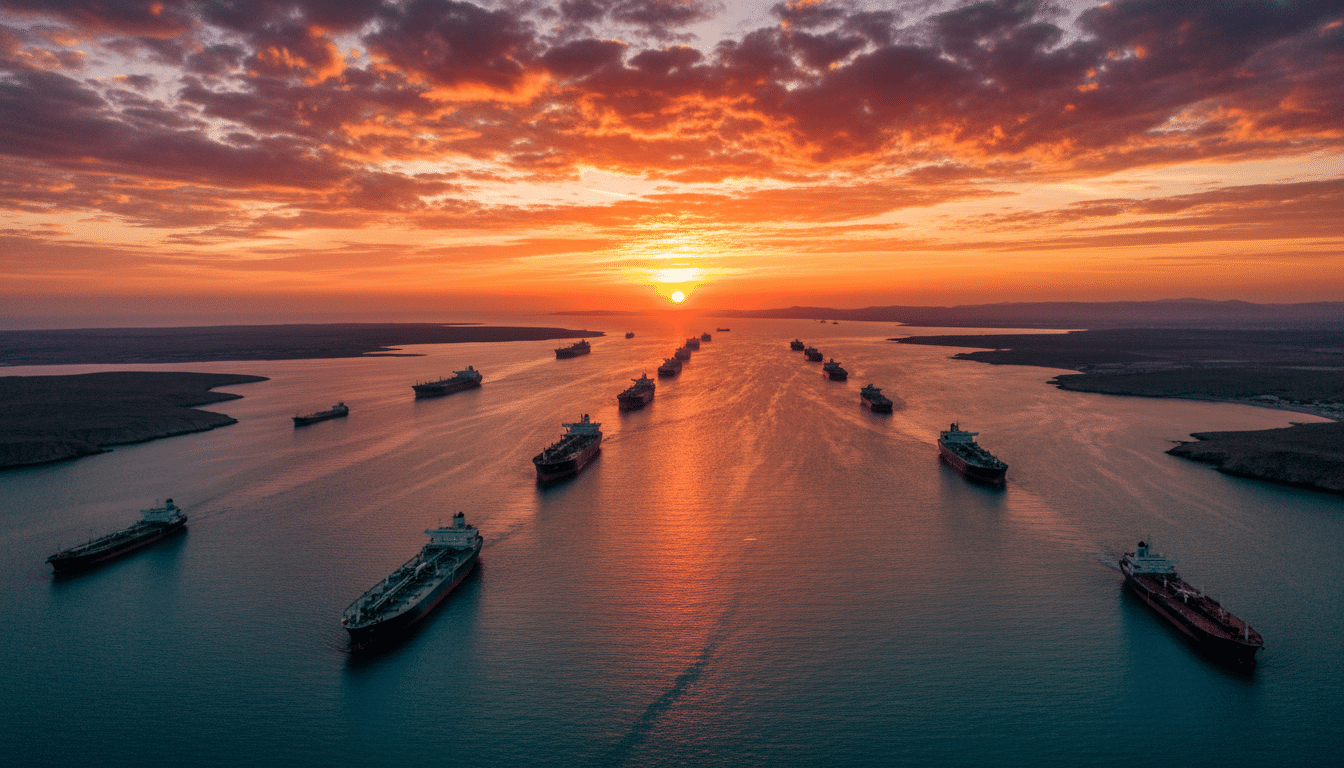 Vue aérienne du détroit d'Ormuz avec des pétroliers
