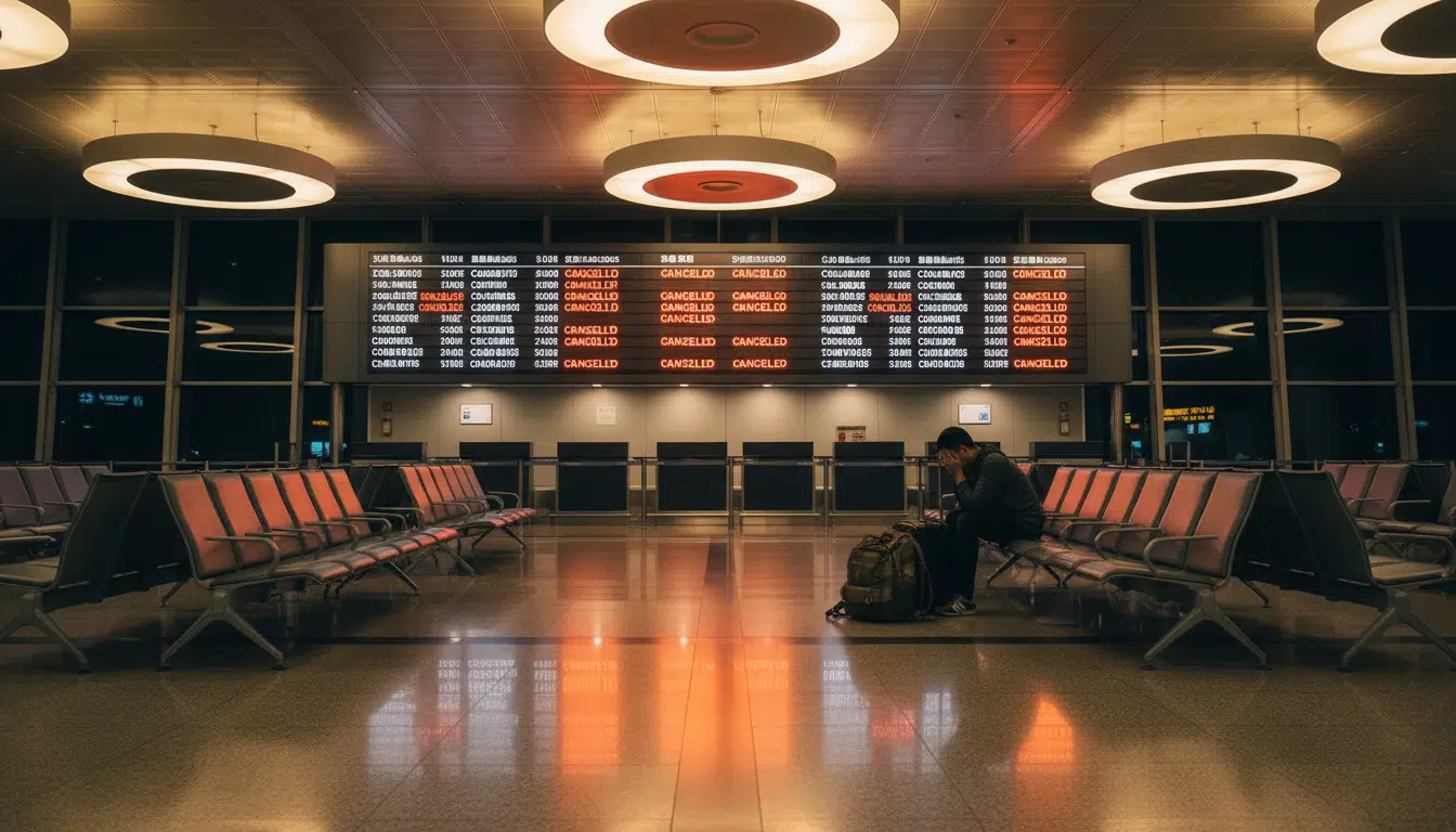 Porte d'embarquement vide avec vols annulés affichés