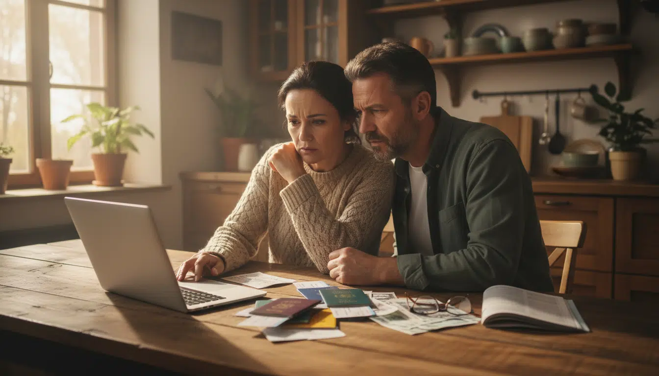 Couple inquiet consultant ses réservations de voyage