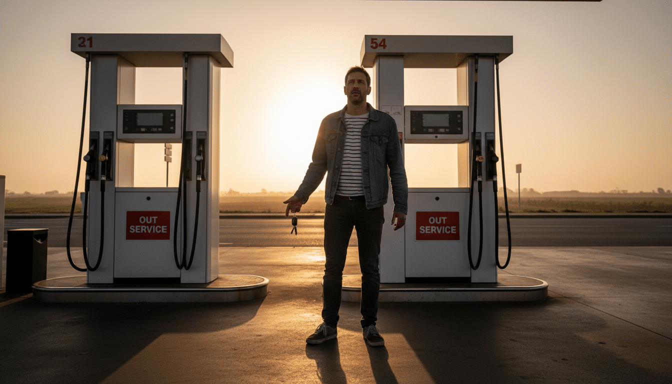 Automobiliste inquiet devant une pompe à essence vide
