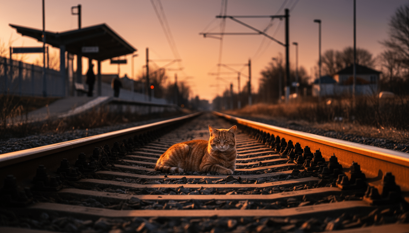 Chat roux allongé entre les rails au crépuscule