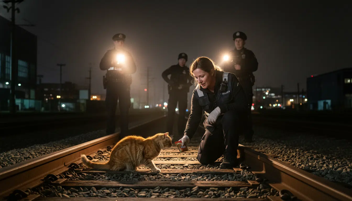 Sauveteur animalier s'approchant du chat sur les voies la nuit