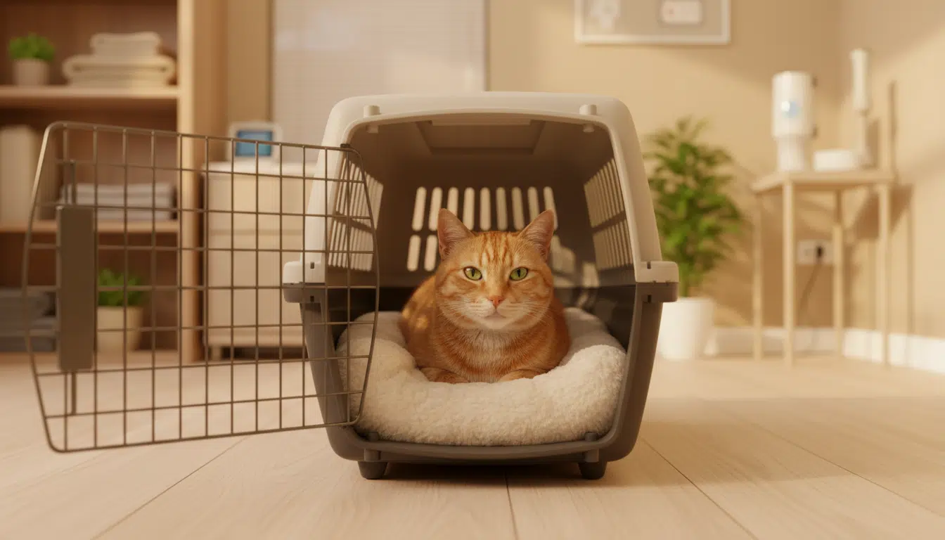 Le chat Garfield en sécurité dans sa cage de transport