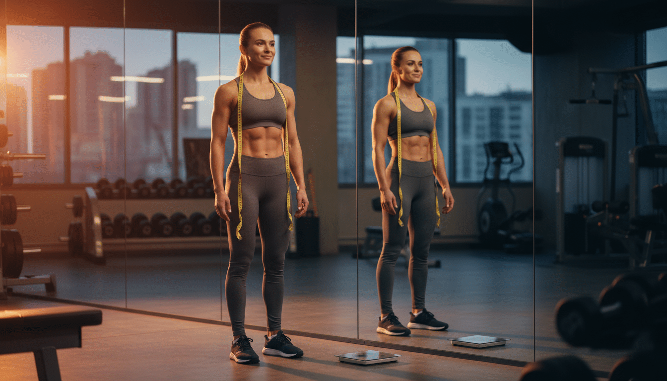 Personne observant sa silhouette dans le miroir d'une salle de sport
