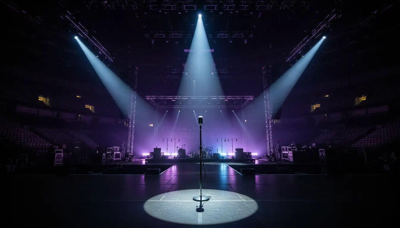 Scène de concert vide avec un pied de microphone sous les projecteurs, ambiance de grande salle de spectacle
