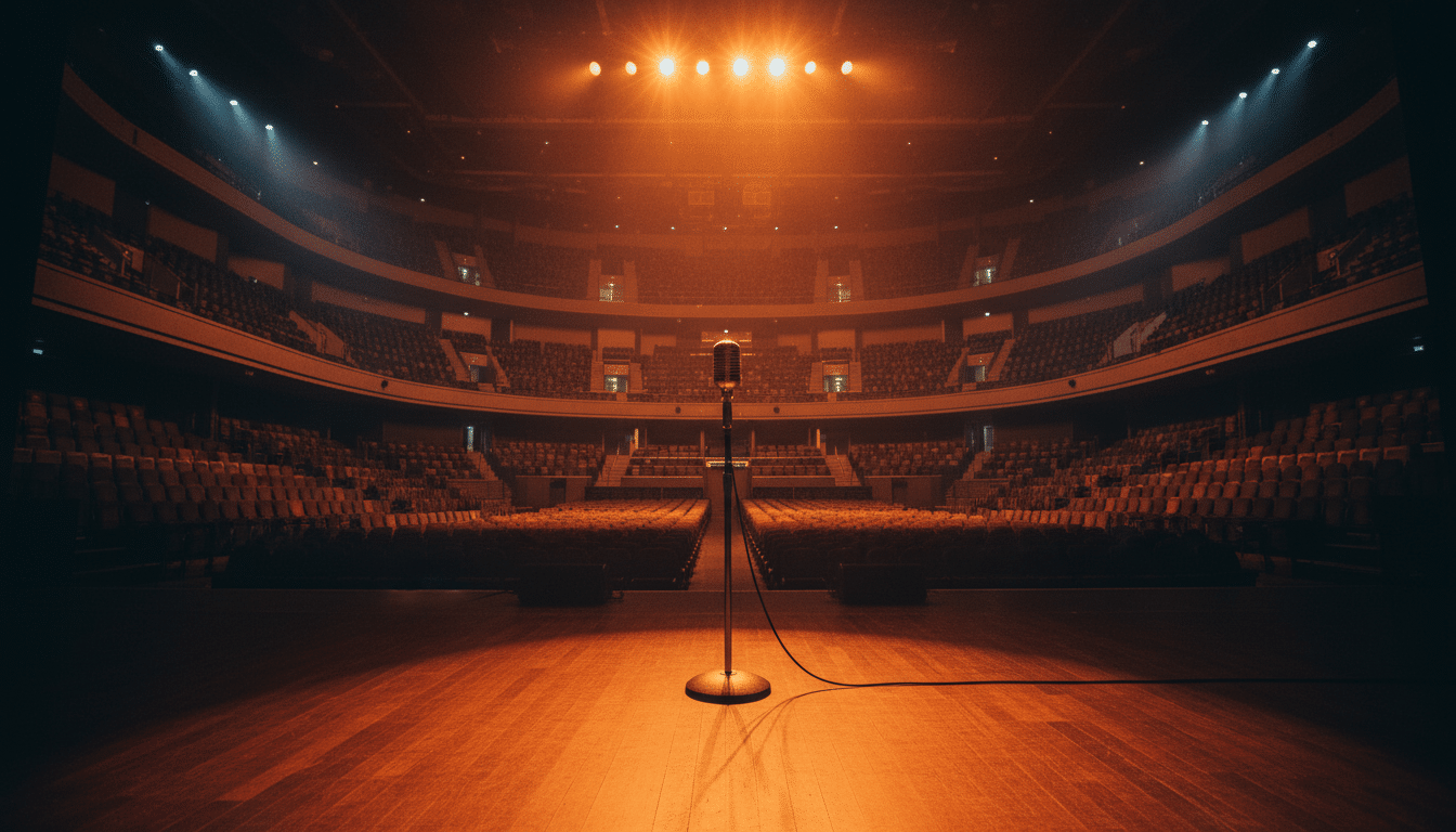 Scène de grand concert vide avec un micro sur pied sous des projecteurs orangés, symbolisant l'interruption du spectacle de Florent Pagny à Toulouse