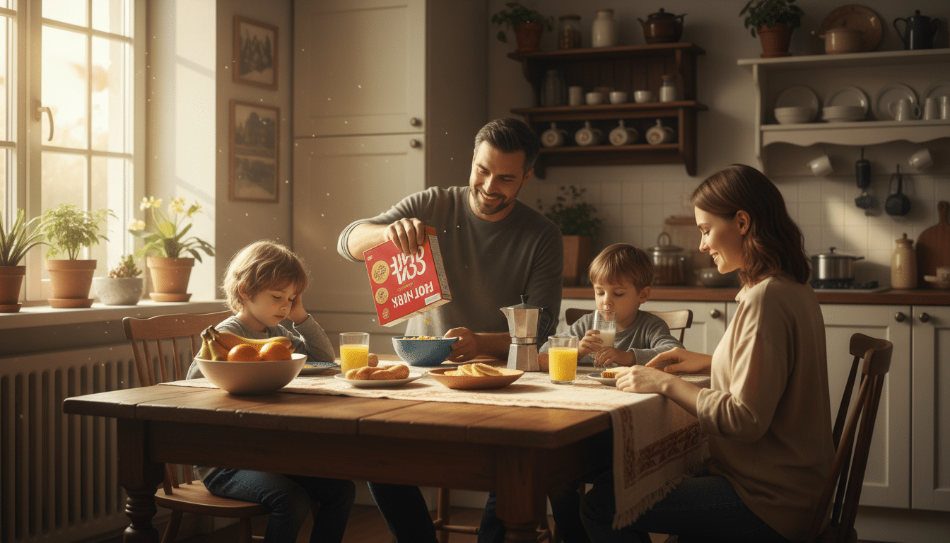 père servant des céréales à son enfant au petit-déjeuner